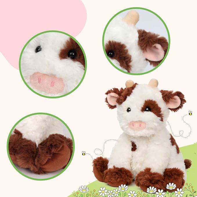Hopearl Adorable Plush Cow Toy Floppy Dairy Cattle Soft Kawaii Stuffed Animal Cute Birthday Holiday Gift for Boys Girls Kids Toddlers, Brown, 9''