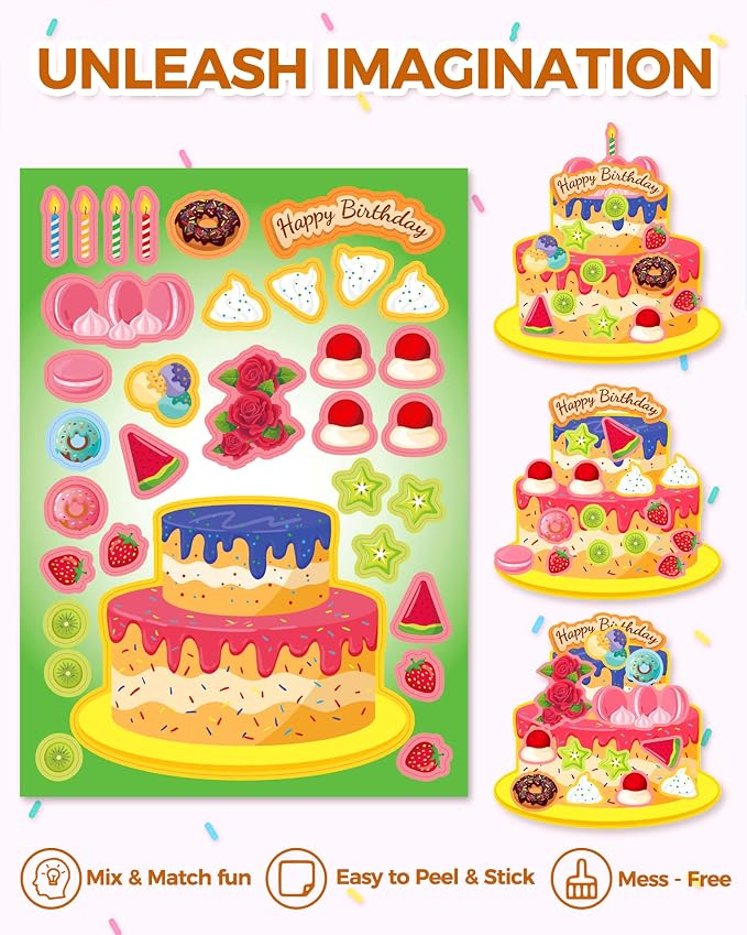 Aowplc 32 Sheets Cake Stickers for Kids – Make Your Own Birthday Cakes Stickers, Toddler Party Favors & Goodie Bag Stuffers