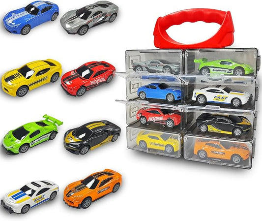 KIDAMI 8 Pack Pull Back Die Cast Metal Toy Cars, 1:64 Scale Sports Race Cars with Detachable Storage Case, Portable Vehicles Carrying Case Set with Handle for Kids Adults Gift