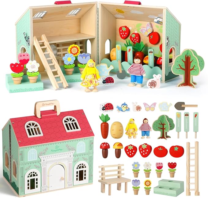 SIMPLIPLAY Montessori Wooden Flower Garden Toys, Wooden Dollhouse Kit with Vegetable Matching Toy, Educational Farm Pretend Play & Play Food Sorting for Toddler Kids Boys Girls Birthday