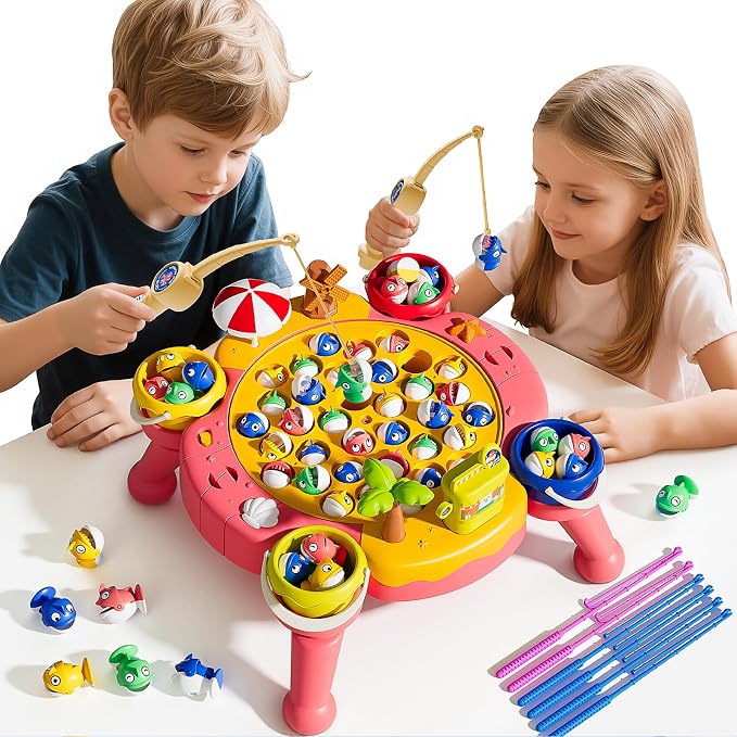 ORANGE OCEAN Pink 70 PCS Magnetic Fishing Game Toddlers 3-5, Board Games for Kids 4-6, Fishing Toys with 360° Rotation & Sound, for Boys Girl