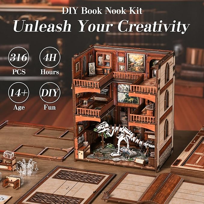 DIY Book Nook,with LED Light Bookshelf Decor, DIY 3D Wooden Dollhouse Puzzle, Craft Kit for Adults (Fossil Museum)