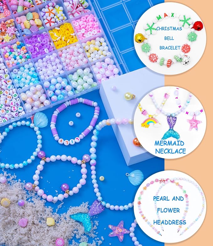MiuCo Bracelet Making Kit for Girls Ages 5-6-8-12, Jewelry Making Kit With Clay Beads, Letter Beads, Pearl Beads, Ocean Charms &2 DIY Headbands, Arts and Crafts Gifts for Kids Girls Birthday Christmas