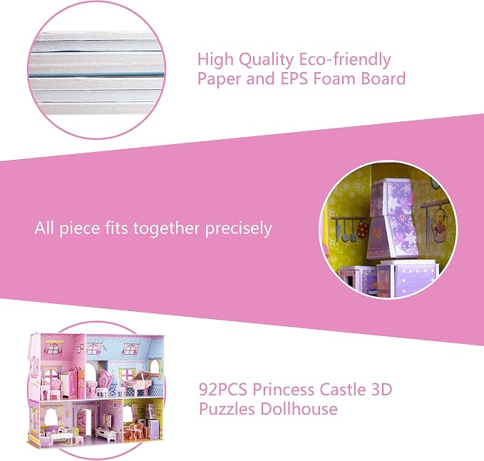 WISESTAR Large Princess Castle 3D Puzzles Model Dollhouse Kits for Girls, 92PCS Fairytale House with Furniture, Educational Toy Birthday for Kids and Adults Fit for Kids Over 8 Years