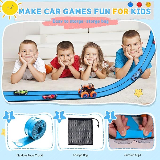 16Ft Flexible Race Track for Kids, Flex Track with 6 Hot Wheels Race Car Track Double-Side Track Toys Compatible with 16 Suction Cups, Storage Bag Rolls Up Race Tracks Birthday Gifts for Boys Girls