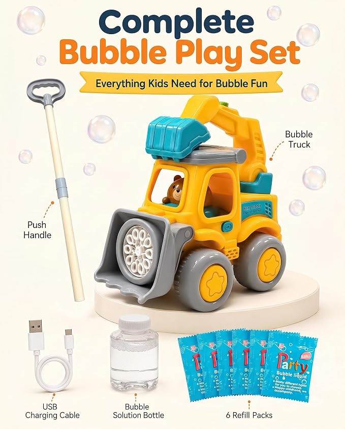 Excavator Automatic Bubble Machine for Toddler Kid Toy 3 4 5 6 7 8 Year Old Little Boy Girl Gift Lawn Mower Maker Blower Summer Outdoor Push Toys Easter Christmas Birthday Present