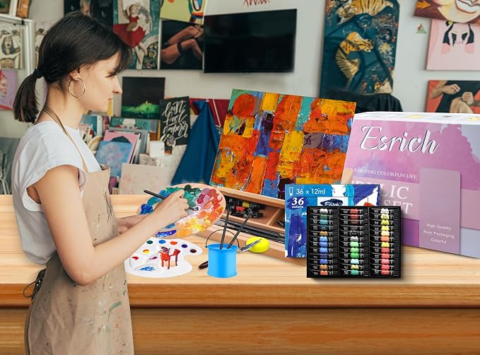 ESRICH Acrylic Paint Set, 74 PCS Professional Paint Supplies with Paint Brushes, Wooden Tabletop Easel, Canvases, Painting Pads, Palette, Paint Knives, Brush Cup and Art Sponge for Hobbyists Beginners