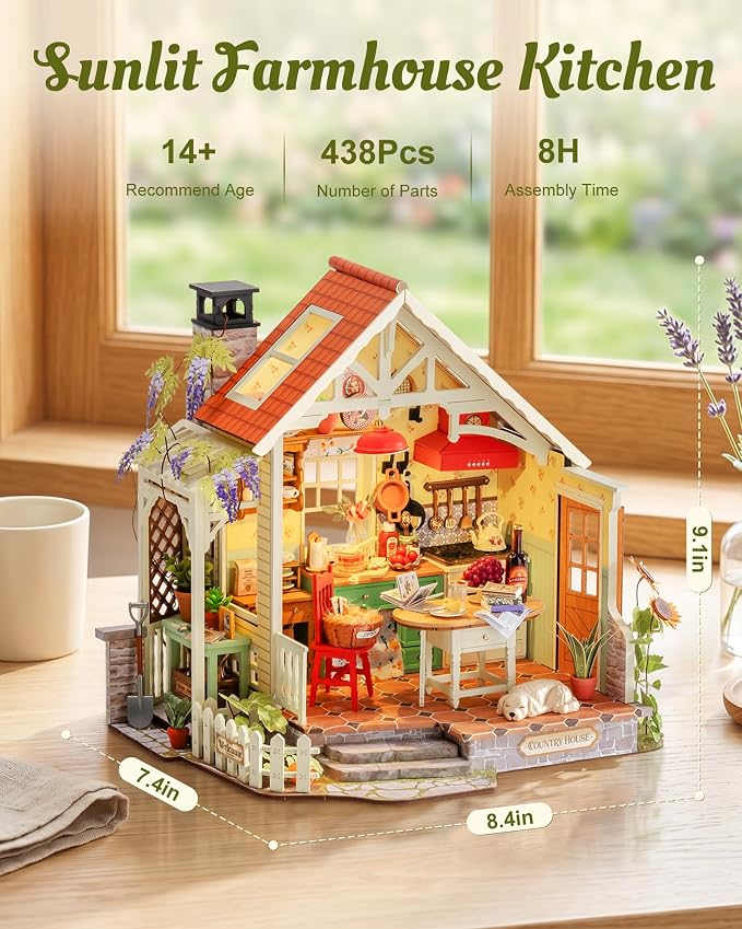 Rolife DIY Miniature House Kit for Adults - 1:18 Farmhouse Kitchen Dollhouse Kit with LED Light, Wooden 3D Puzzle Model Building Set, Tiny House Diorama Craft Kit, Ideal Gift for Men Women Hobbyists