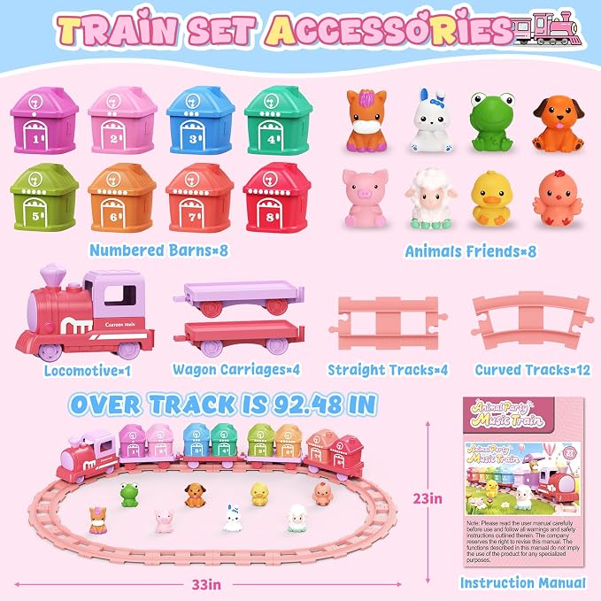 Train Set for Toddlers 2-4, Electric Toddler Train Set with Farm Animals, Music & Lights, Montessori Counting & Sorting Learning Toy, Birthday Easter for Boys Girls (Pink)