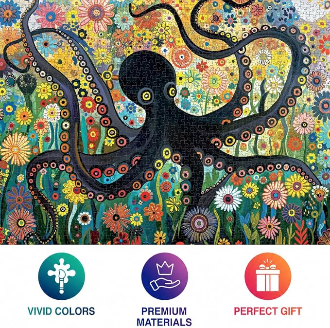Cross & Glory - The Octopus Who Grew Flowers - 1000 Piece Jigsaw Puzzle for Adults | Vibrant Octopus and Floral Artwork | Challenging Puzzle for Adults | Eco-Friendly Materials