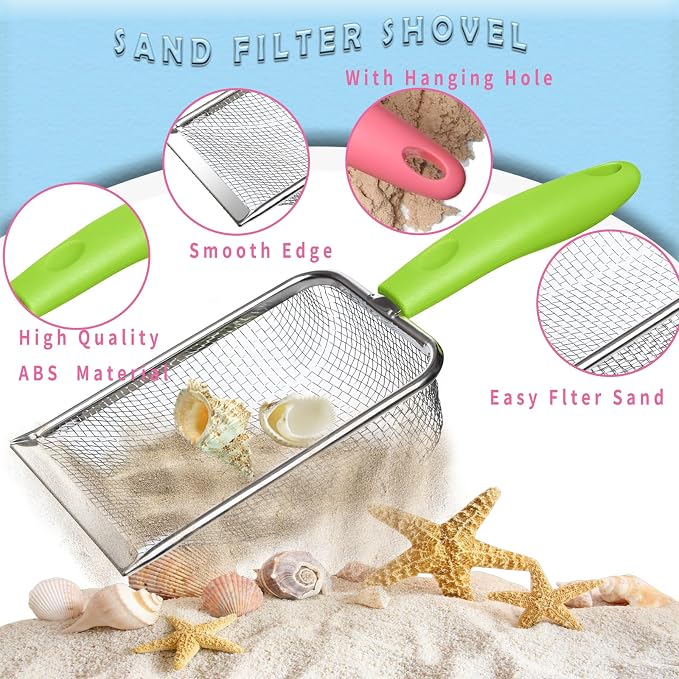 Beach Mesh Shovel with Mesh Bag for Shell Collecting,Beach Scoop Metal Shark Tooth Sifter Sand Dipper for Kids Boys Girls