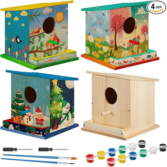 Liliful 4 Pack Birdhouse Crafts for Kids, Wooden Creative DIY Bird House Kits Arts and Crafts Set for Kids and Adults, Spring Birthday Gifts for Toddlers Ages (Single Style)