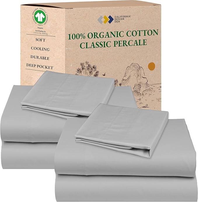 California Design Den Pack of 2 Twin XL Sheets Set - 100% Organic Cotton Percale Sheets, Deep Pockets, Crisp, Breathable and Lightweight Bedding Set - Light Grey