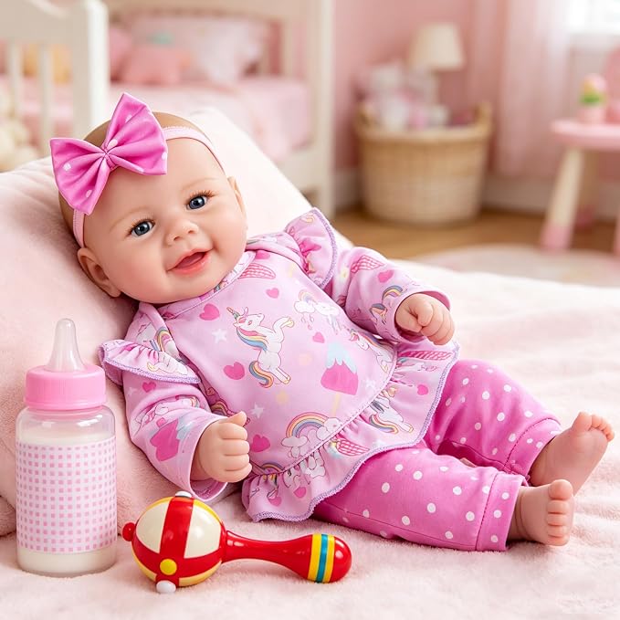 Milidool Baby Dolls - 17Inch Cute Realistic Baby Doll Poseable Smiling Real Life Baby Dolls with Complete Accessories for 3+ Years Old Gifts