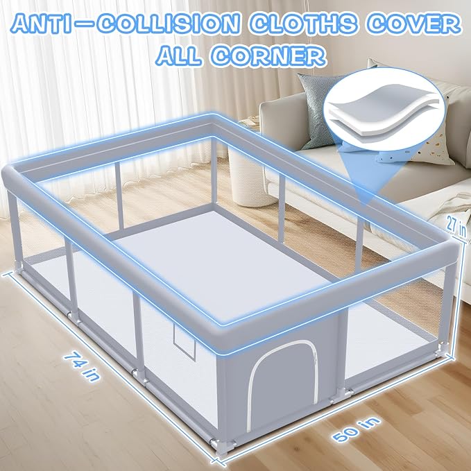 XVISHX Baby Playpen 74 x 50 Inch Play Pen Playards, Playpen for Babies and Toddlers, Baby Playard for Indoor & Outdoor Active Center Game Fence, with Skin-Friendly Fabric and Soft Breathable Mesh Grey