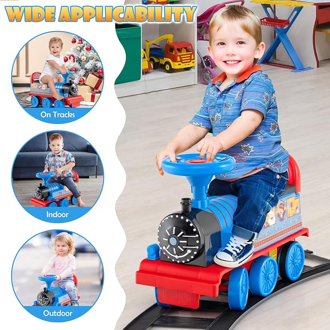 OLAKIDS Kids Ride On Train with Track, 6V Electric Toy with Lights and Sounds, Retractable Footrest, Under Seat Storage, Christmas Theme Battery Powered for Toddlers Boys Girls (1 Seater, Circus)