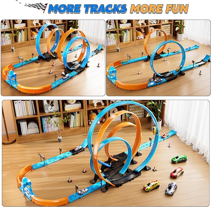 LILYBUDS Toy Car Race Track Set for Boys Kids Age 3-5 4-7, Race Tracks with 4 High-Speed Pull Back Race Cars and Crash Zones, Christmas Halloween Birthdays Gifts Toys for Boys Kids 4-6 8-12 Years Old