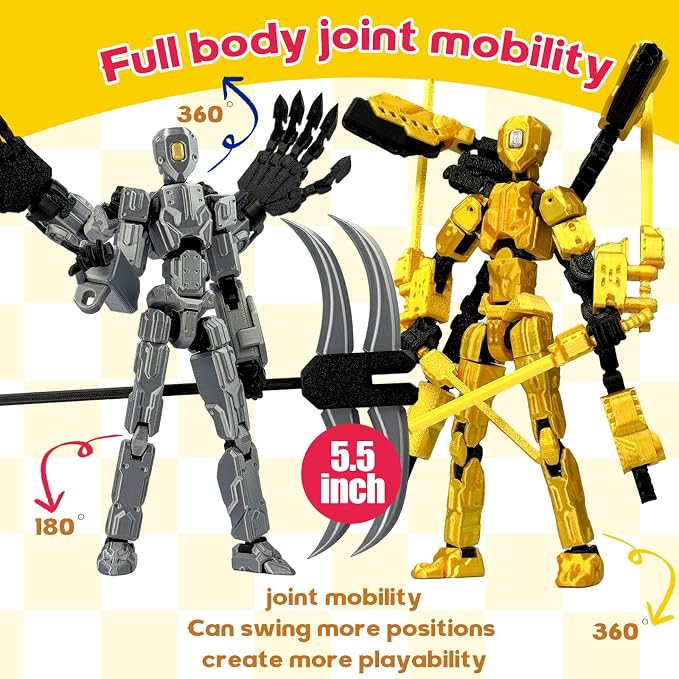 T13 Assembly Completed Action Figure Set, Multi-Jointed Movable 3D Printed Robot Toy, Cool Desktop Decoration Collectible Gift for Game Lovers (Gery and Gold)