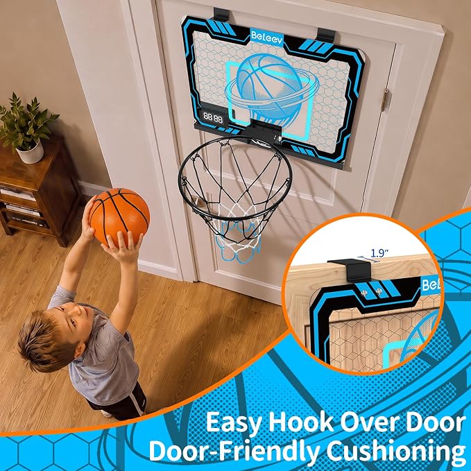 BELEEV Indoor Mini Basketball Hoop with LED Lights, Electronic Scoreboard & Sounds, Over The Door Basketball Hoop for Kids, Ball & Pump Included, Indoor Sports Toy Gift for Boys Girls Ages 4-12 (Blue)