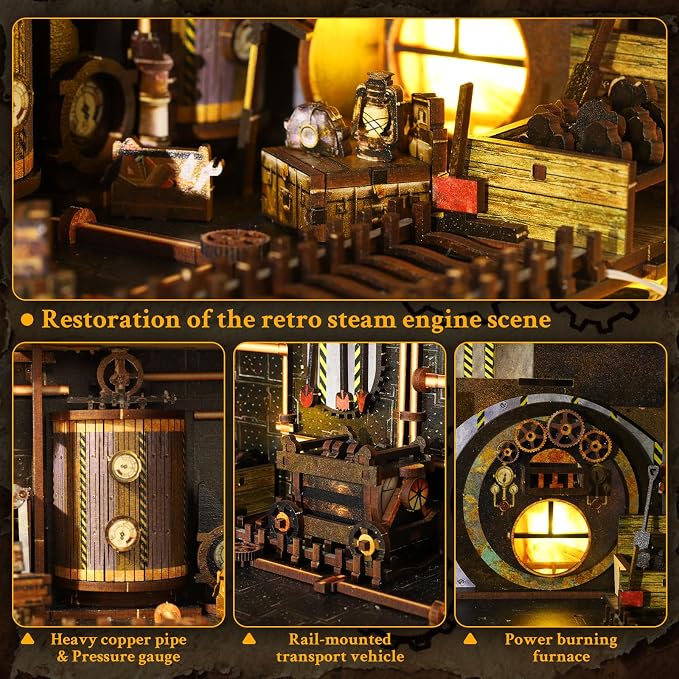 Book Nook, DIY Miniature House Kit, 3D Puzzle Wooden, LED Lights, Decor Crafts for Adults Teen Gifts(Steampunk Industria)
