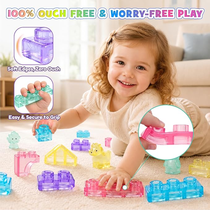 Gummy Bloc Princess Castle Building Blocks for Toddlers, 54 PCS Soft Sensory Squishy Blocks, Non-Toxic Montessori Stacking Toys for Fine Motor Skills, STEM Preschool Educational Gift for Girls