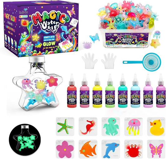Kiditos Magic Water Elf Toy Kit for Kids, Glow-in-the-Dark Water Elves Craft Kit–DIY Water Pets Craft Kit with 8 Glow Gels, 10 Molds & Star Bottle, STEM Sensory Learning Toy for Ages 3+