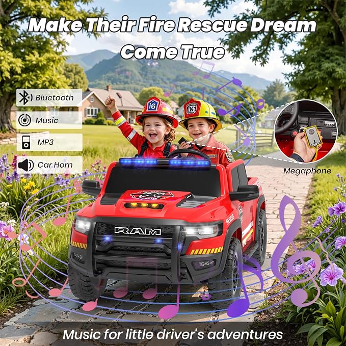 24V Ride On Fire Truck with Remote Control, 2 Seater RAM 1500 Electric Fire Engine for Kids, LED Lights, Siren & Megaphone, Slow Start, 3 Speeds, Spring Suspension, Battery Powered Ride On Car