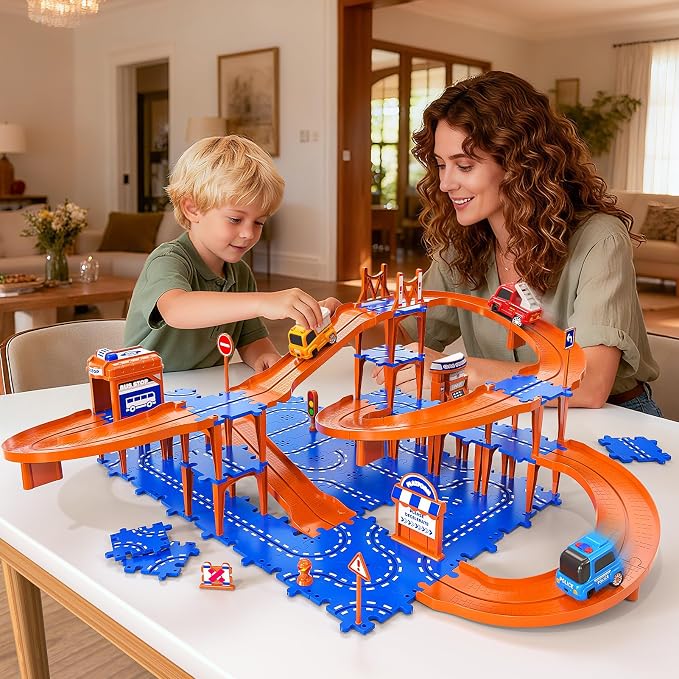 Toddler Toys for 3 4 5 6 Year Old Boys Kids Girls, 96 Pcs Puzzle Track Car Set for Kids Boys Toddlers 3-5 4-6, 4-Tier Puzzle Race Tracks Car Toys Set, Race Track Birthday for Toddlers