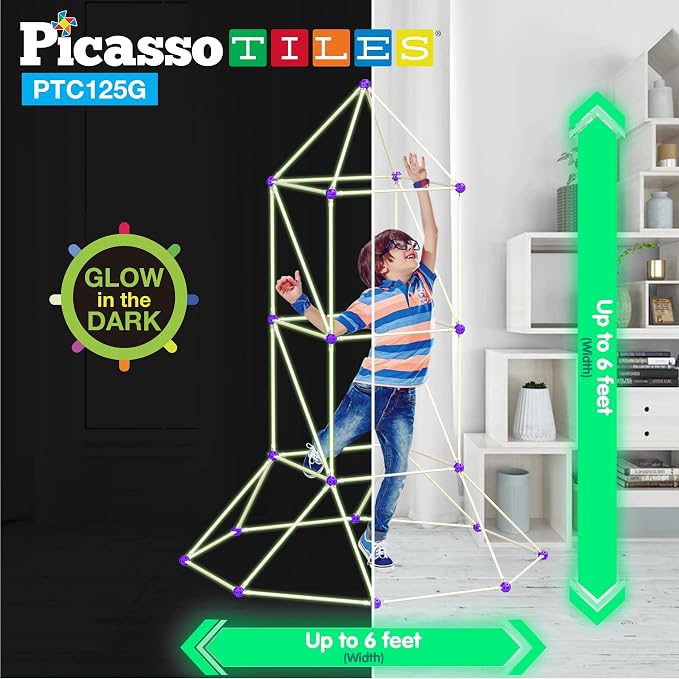 PicassoTiles Glow-in-The-Dark Indoor Outdoor Tunnel Tent Kids Fort Building Kit Playhouse for Boys & Girls Ages 3+ STEM Construction Toy Creative, Imaginative Play, and Problem Solving Skills PTC125G
