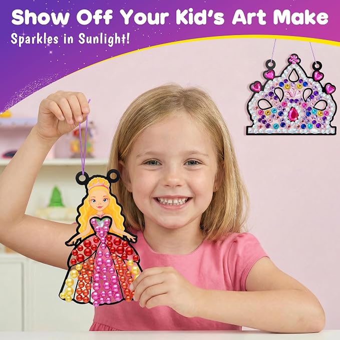 Princess Diamond Art Kits for Kids: 5PCS Big Gem Window Art Suncatcher Birthday Gifts Kit for Girls Ages 4 5 6 7 8 9 10 - DIY Creative Kids' Mosaic Kits Diamond Art Crafts Toys