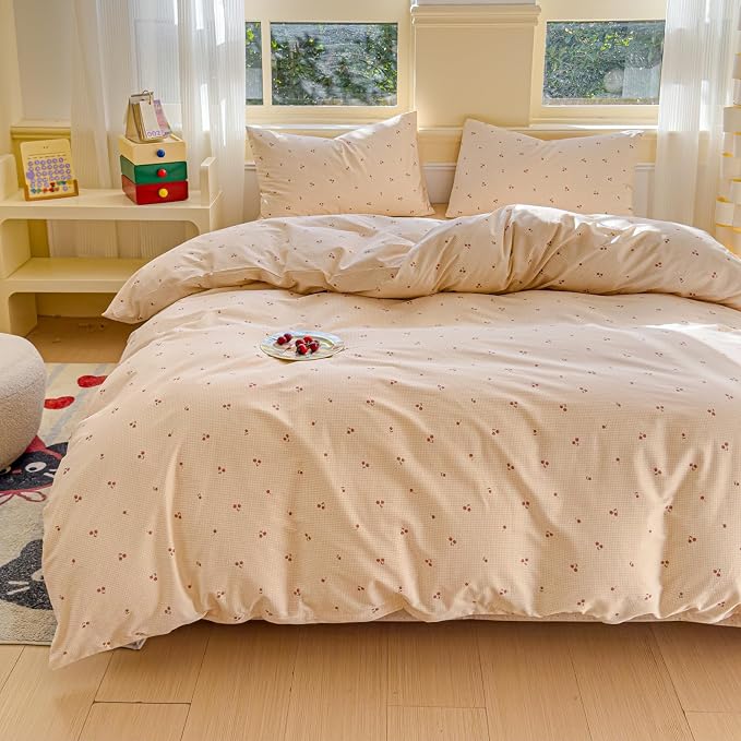 LIWHENHAO Cherry Duvet Cover Set Twin 100% Cotton Bedding Cartoon Red Cherries Ditsy Pattern on Beige 1 Cute Fruit Cottagecore Comforter Cover Zipper Closure 2 Pillowcases for Kids Girls Boys