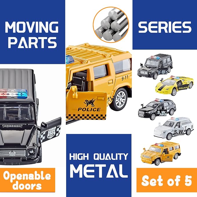 KIDAMI Die Cast Metal Toy Cars Set of 5, Small Cop Openable Doors Pull Back Car Gift Pack for Kids (Police Car)