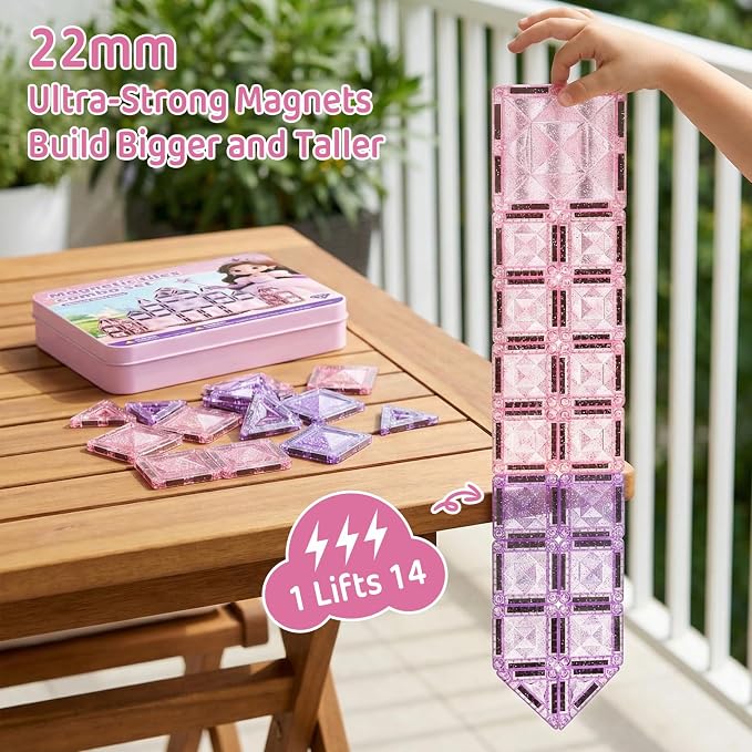 Magnetic Tiles Girls Travel Toy: 42 PCS Pink Glitter Building Blocks Castle Tin Box - 120 Mins Quiet Play 60s Cleanup - Toddler Kids Gift Age 3 4 5 6