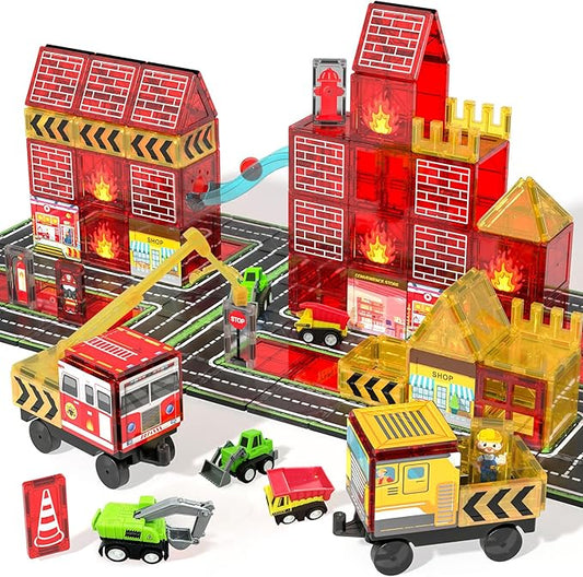 Magnetic Tiles for Kids, 56PCS Construction Magnet Tiles with Fire Truck Station, Building, Road, Crane, Car Truck - STEM Magnetic Blocks for Kids Ages 4-8, Toys for 4 5 Year Old Boys Birthday Gifts
