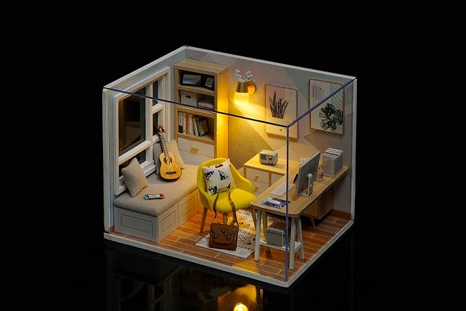 DIY Miniature Dollhouse Kits - Wooden Mini Model House with LED Lights, Tiny Furniture & Accessories – Craft Building Kits for Teens & Adults (Study Room) – Birthday Valentine's Gift