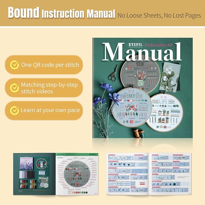 ETSPIL Embroidery Kit for Beginners, Magnetic Needle Minder & 4K Video Tutorials, Pre-Printed Floral Patterns, Bound Guide, Relaxing Screen-Free Craft for Women at Home