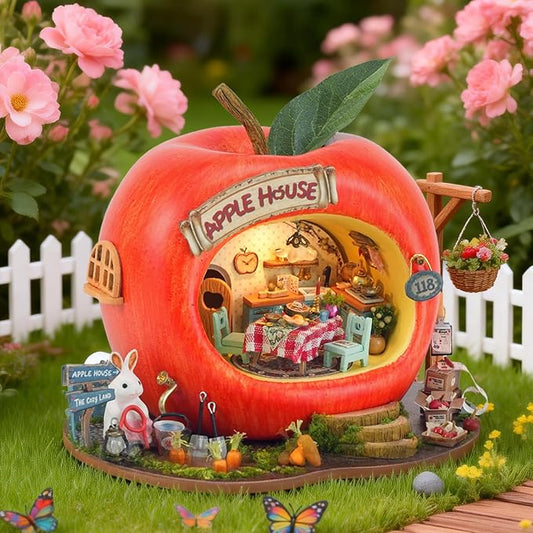 Roroom DIY Miniature House Kit, Rabbit Apple House Book Nook Kit with LED Light,3D Wooden Puzzle Miniature Dollhouse Kit for Bookshelf Decor-Creative Crafts for Family and Friends