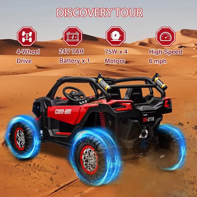 24V 2-Seater UTV Ride on Toy with Remote Control – Powerful 4WD Electric Vehicle Features 4 Shock Absorbers, Leather Seats, Music, and Lights. Designed As a 24V Ride-on Toy for Big Kids