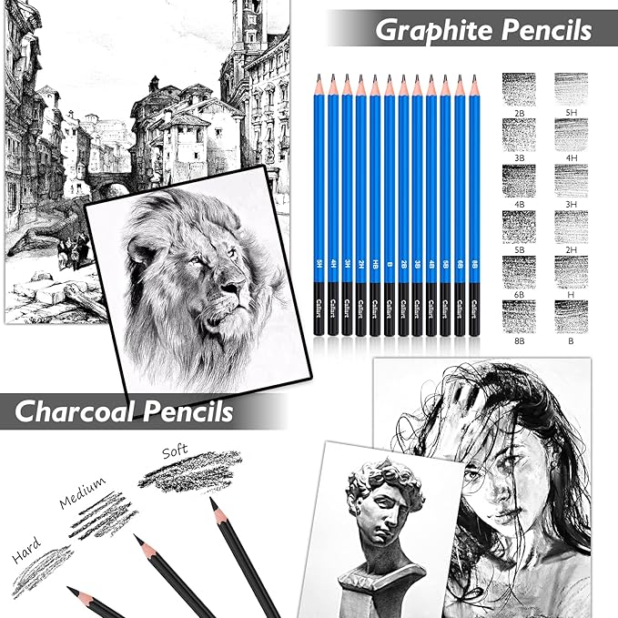 Caliart 176PCS Art Supplies Sketching Kit with 100 Sheets 3-Color Sketch Book, Graphite Colored Charcoal Watercolor & Metallic Pencils, Drawing Set Gifts for Adults Teens Girls Boys Kids