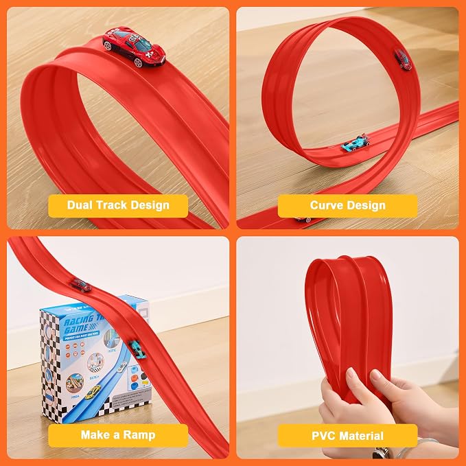 Flexible Race Track for Kids - 15 Ft Flex Track Race Car Tracks with Car Ramp Toy, Fit for Monster Truck Track & Kids' Play Cars, Race Tracks for Toddlers 1-3, Portable Racetrack (Red)