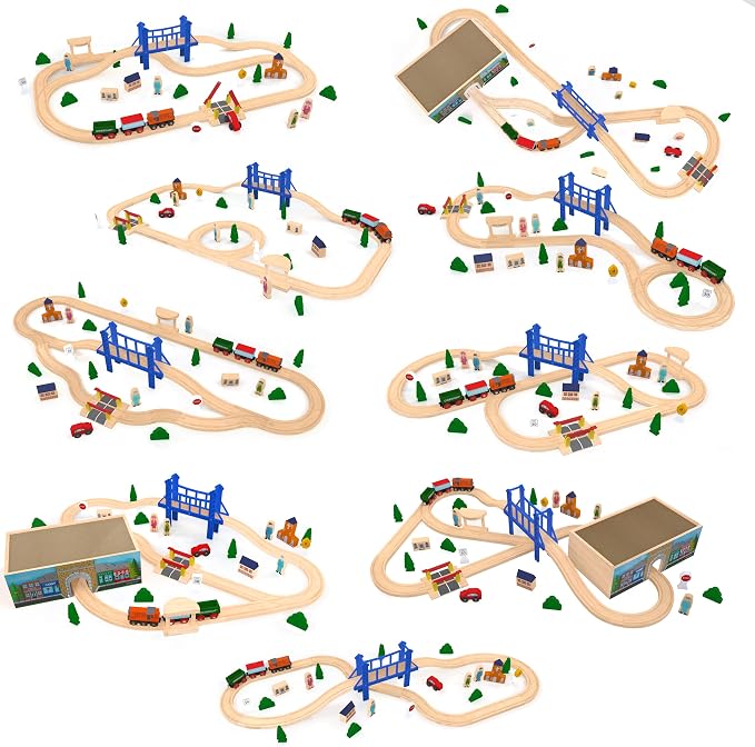 Wooden Train Set Deluxe 52 Pcs with Storage Gift Box Tunnel 9 Layouts Magnetic Trains STEM Montessori Toys Playset for Grandkids Toddler Boys Girls Kids 3+ compatible with Thomas Brio Melissa and Doug
