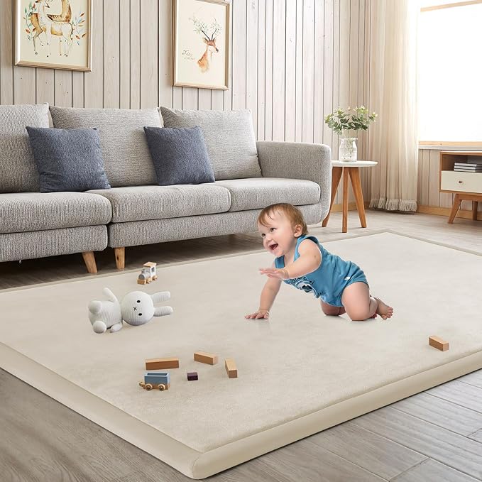 Baby Play Mat for Floor Nursery Rug Muscle Mat Area Rug Playroom Rug 59"x71" Playpen Mat Elastic Foam 1.3" Thick Crawling Mat for Babies,Toddlers, Infants, Kids,A Beige