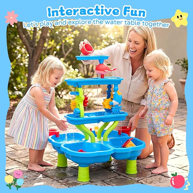 MoKo 4-Tier Water Table with 20 Toy Accessories, Toddler Water and Sand Activity Sensory Playset, Kids Summer Outdoor Toys for Beach Backyard Outdoor, Gift for Toddlers, Blue Dolphin Pink Whale