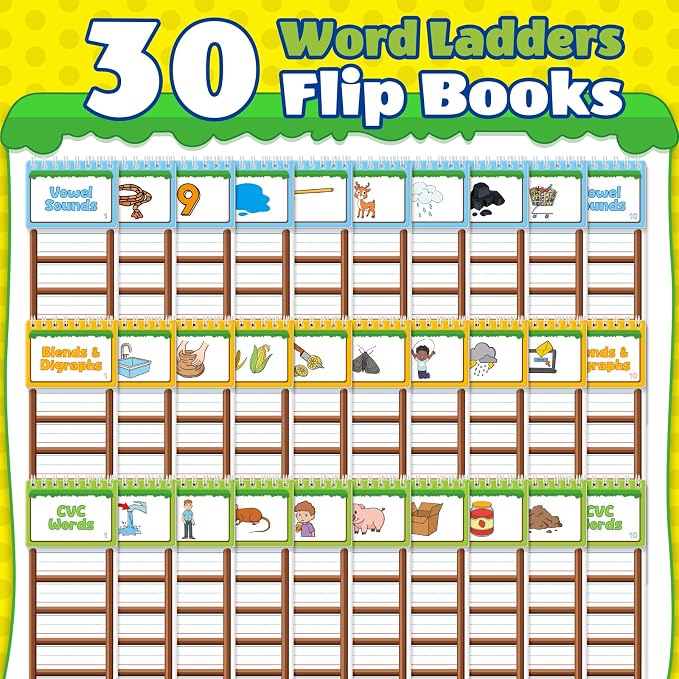 Sight Words Flash Cards Kindergarten, 30 Word Ladder Flip Books for Kids, Phonics Word Family Build Book, Reading & Spelling Games, Preschool Learning Activities, Homeschool & Classroom