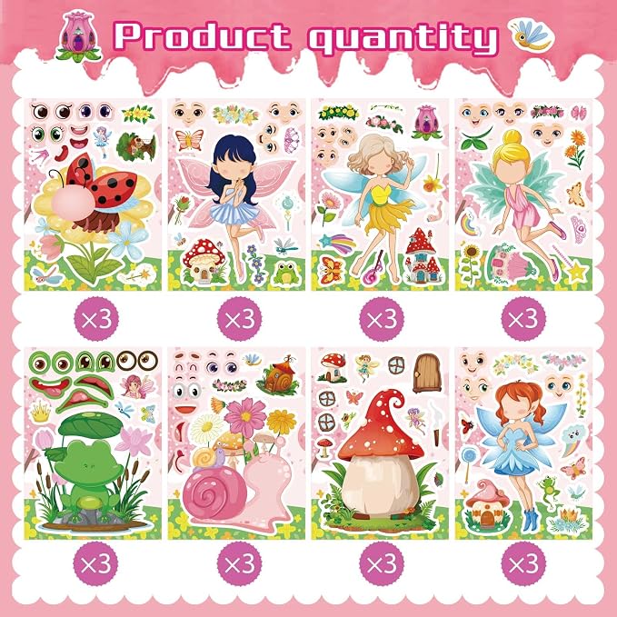 24 PCS Fairy Stickers for Kids, Make a Face Sticker with 8 Unique Designs Fairy, Frog, Mushroom, Make Your Own Stickers for Girls Birthday Party Favors, Goodie Bags, DIY Crafts