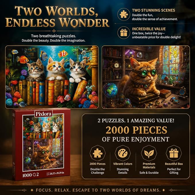 2-Pack Adult Puzzle Set – 2 Unique Designs, 1000 Pieces Each (2000 Total Pieces), Enchanted Cat Jigsaw Puzzles, Underwater & Starlight Magic Cats Puzzle, Whimsical Cat Puzzles, Challenging Family Fun