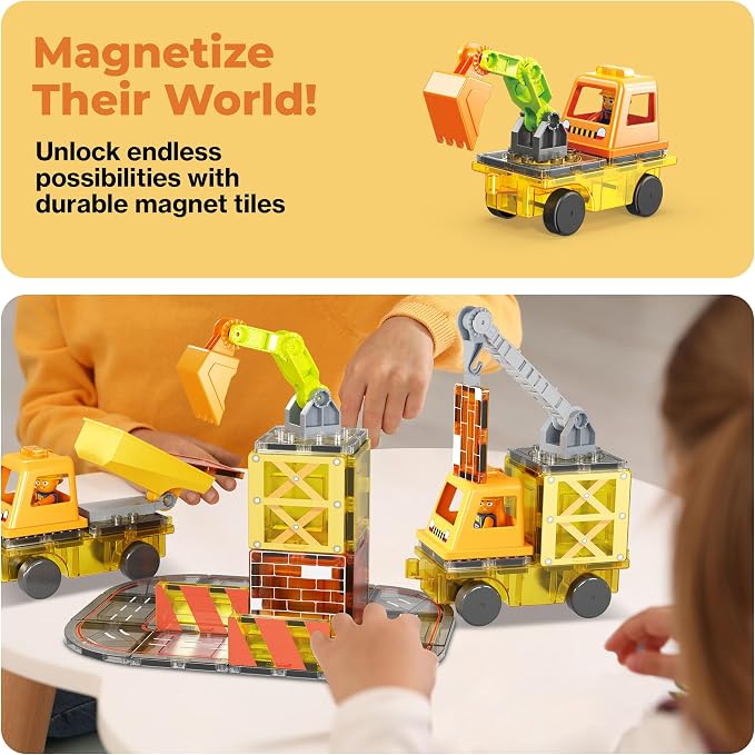 PicassoTiles Magnet Tile Construction Themed Building Blocks 5-in-1 Crane, Ladder, Dump Truck, Excavator, and Backhoe Action Figures, 2 Car Base Vehicles Magnetic Tiles Learning Toys Kids Ages3+ PTU06