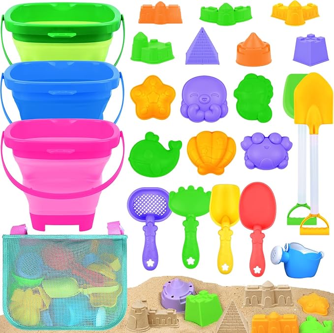 Collapsible Beach Sand Toys for Kids Toddlers with Sand Bucket, Marine Animal Molds, Castle Building Molds, Shovels, Storage Mesh Bag, Travel Sand Toys for Boys Girls (24PCS ( 3 Sand Buckets ))