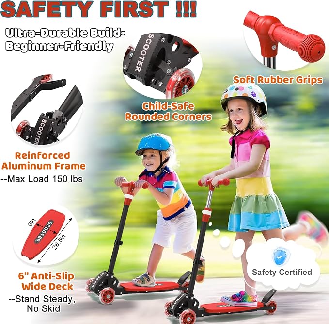 Kick Scooter for Kids Ages 6-12, Stable 3 Wheel Kids Scooter with LED Light-Up Wheels, 3 Adjustable Heights, Lean-to-Steer, Foldable, 6" Extra Wide Deck for Boys and Girls Gifts