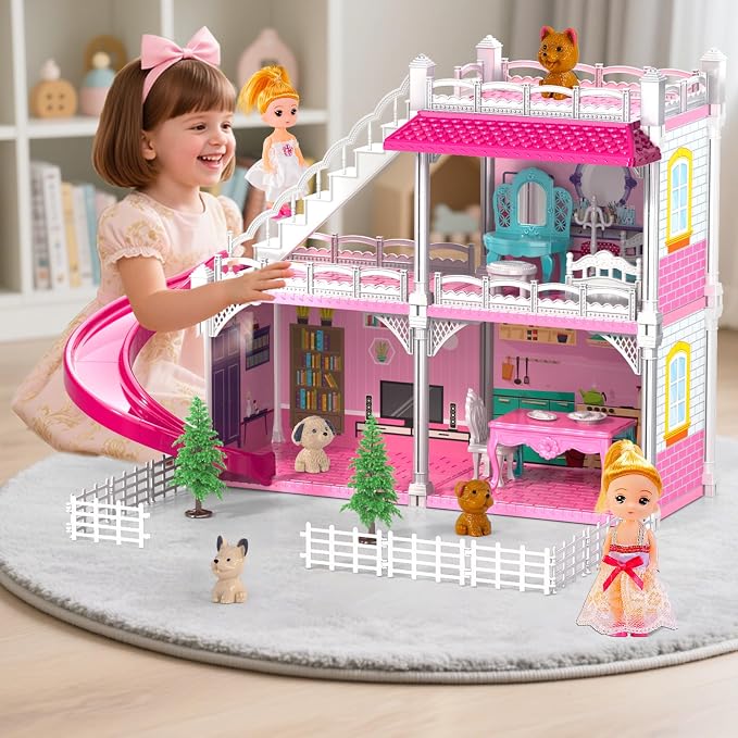 Doloowee DIY Dollshouse for Girls 4-8 - 2-Story House with 3 Themed Rooms, 2 Dolls, 4 Dogs, Slide & Yard - Dolls House Toys for Imaginative Play